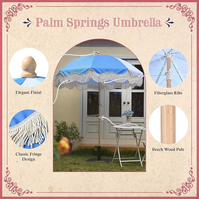 LAGarden Fringe Patio Umbrella with Carry Bag & Cover Vintage Wood for Event Outdoor Garden Yard Wedding Bistro Table