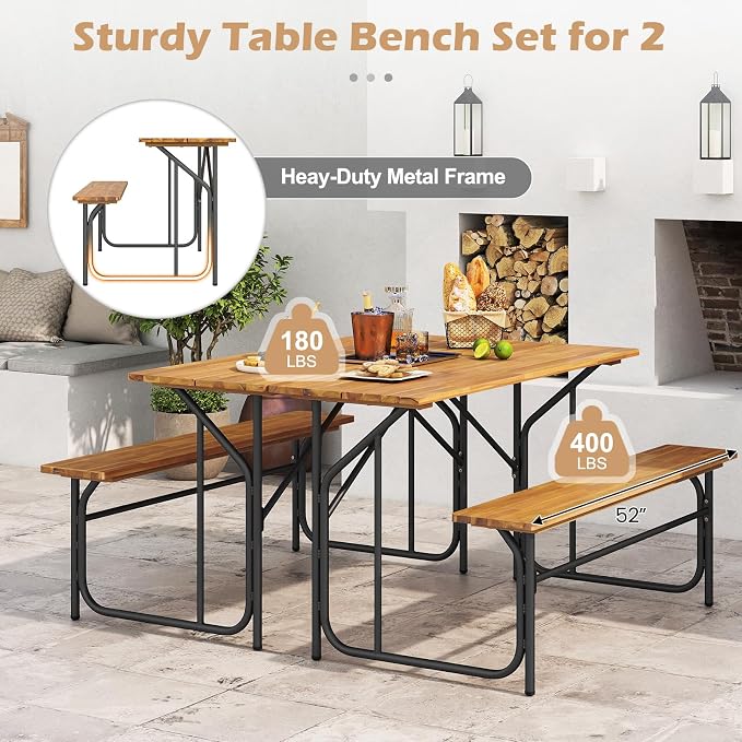 Tangkula Patio Dining Bench Set for 2, Heavy-Duty Outdoor Acacia Wood Dining Furniture with Metal Legs for Balcony, Backyard, Poolside, Garden (1,52” x 32” x 29.5”)