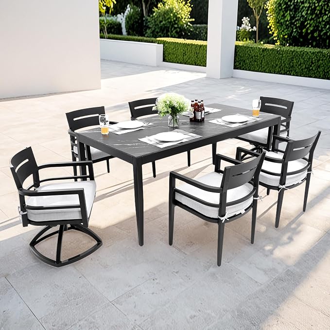 7PC Aluminum Outdoor Patio Dining Set, 71" Rectangular Dining Table with Black Marble Sintered Stone Top, 4 Chairs & 2 Cushioned Swivel Rockers, All-Weather Patio Furniture