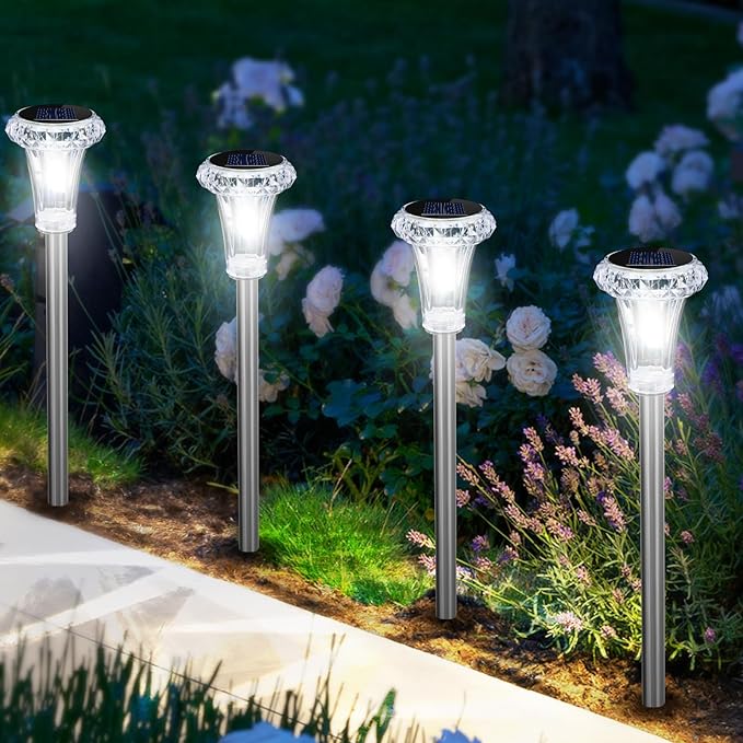 GOODFOEVER Solar Lights Outdoor Waterproof, Stainless Steel LED Solar Garden Lights for Patio, Lawn, Yard and Landscape, Garden Decor Patio Decor (6 Pack)