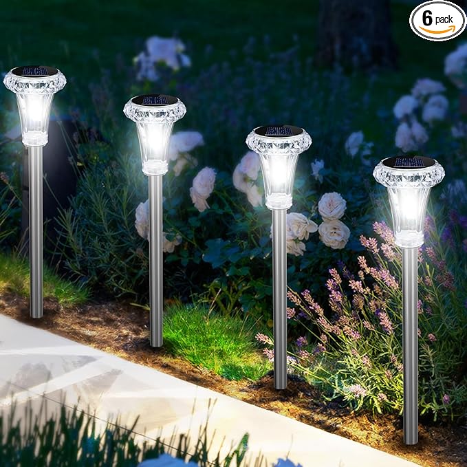 GOODFOEVER Solar Lights Outdoor Waterproof, Stainless Steel LED Solar Garden Lights for Patio, Lawn, Yard and Landscape, Garden Decor Patio Decor (6 Pack)