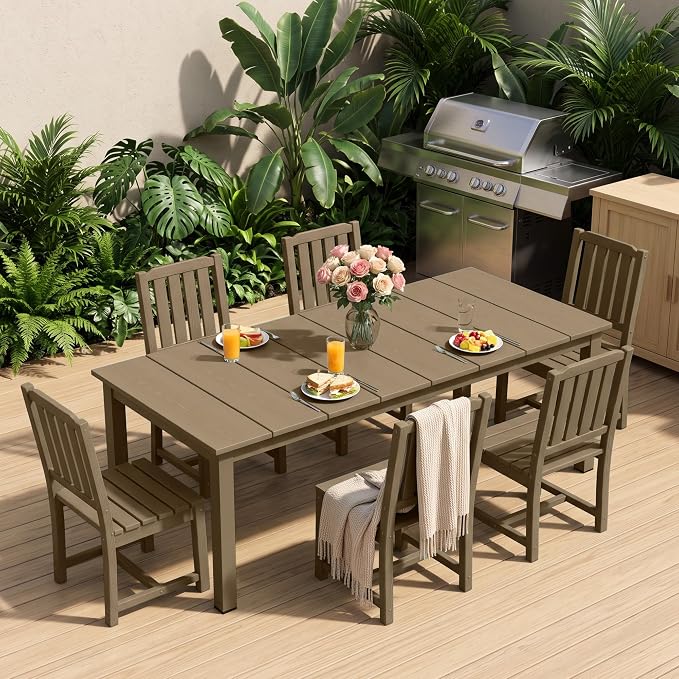 PLUUV 7-Piece Outdoor Dining Set – HDPE Patio Furniture with Umbrella Hole Table, Aluminum Legs, and 6 Armless Chairs, Weatherproof & Easy-Clean for Backyard, Garden, Brown