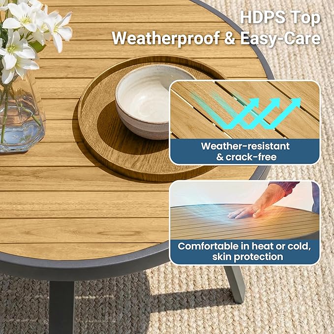 Aluminum Outdoor Table for All-Weather, 35.4" Patio Tables with Heavy Duty HDPS Round Tabletop, Outside Table with Quick-Drying Slatted Design for Porch, Patio, Garden, Deck, Poolside, Backyard