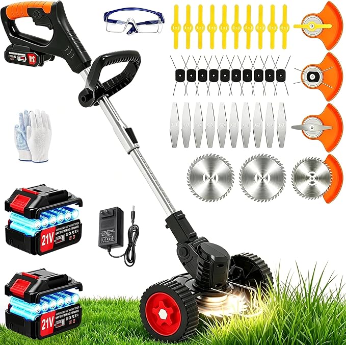 Electric Weed Wacker Cordless Weed Eater 21V Battery Powered No String Trimmer,3 in 1 Lightweight Portable Edger Grass Trimmer/Brush Cutter/Lawn Mower with 4 Types Blades & Wheels for Yard and Garden