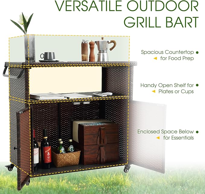 HOMEFUN Outdoor Bar Cart with Storage Cabinet - Outside Bar Table with Wheels Wicker Grill Carts Patio Kitchen Island Table Weatherproof Prep Stand, Brown