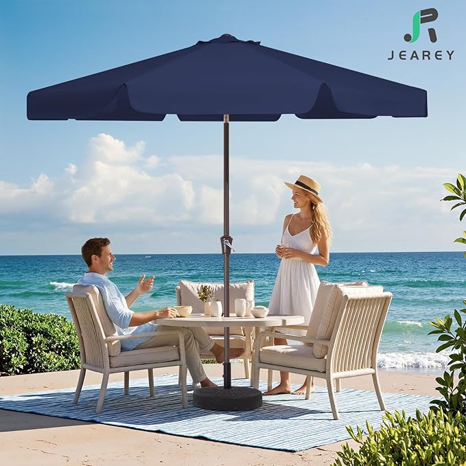 JEAREY 9 FT Patio Umbrella Outdoor, Table Umbrellas Market Umbrella w/Push Button Tilt/Crank, 8 Sturdy Ribs(Navy Blue)