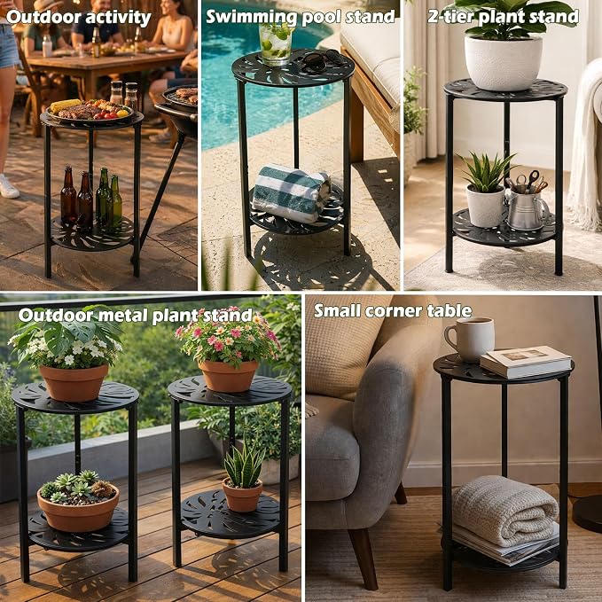 2-Tier Metal Round Side Table Black Accent Coffee Tables Small Space Corner Plant Stand Shelf for Indoor Outdoor Use Patio Balcony End Table Laser-Cut Monstera Leaf Weather-Resistant