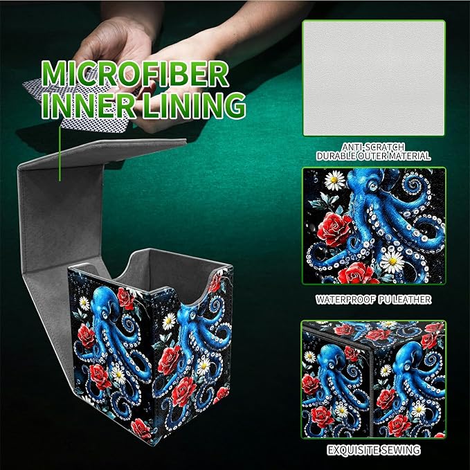 Rose Octopus Card Deck Box for MTG, Personalized Card Storage Case Fits 120+ Sleeved Cards, Premium Leather TCG Box with Strong Magnetic Closure for Magic, CCG, PTCG, Baseball Cards
