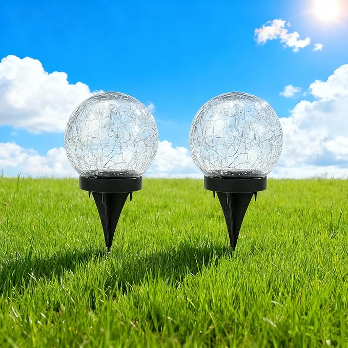 2pack Solar Powered Multi-Color Crackle Glass Globe Lights Outdoor Decorative LED Garden Balls with Colorful Lights for Patio, Lawn, Yard, Pathway.