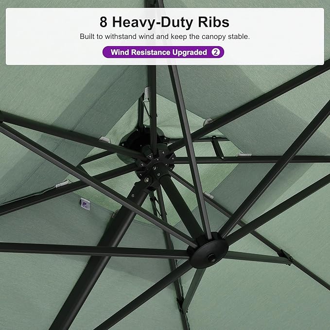 PURPLE LEAF 12 FT Cantilever Umbrella Outdoor Patio Umbrella, Large Offset Square Umbrella, Windproof Heavy Duty Hanging Outside Umbrellas for Patio, Mint Green