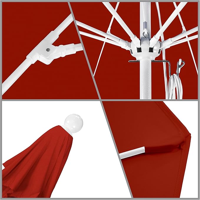California Umbrella 11Ft Commercial Grade Market Umbrella, Pulley Lift, Aluminum/Fiberglass, 2mm pole wall, White Frame, Solution Dyed Red Fabric