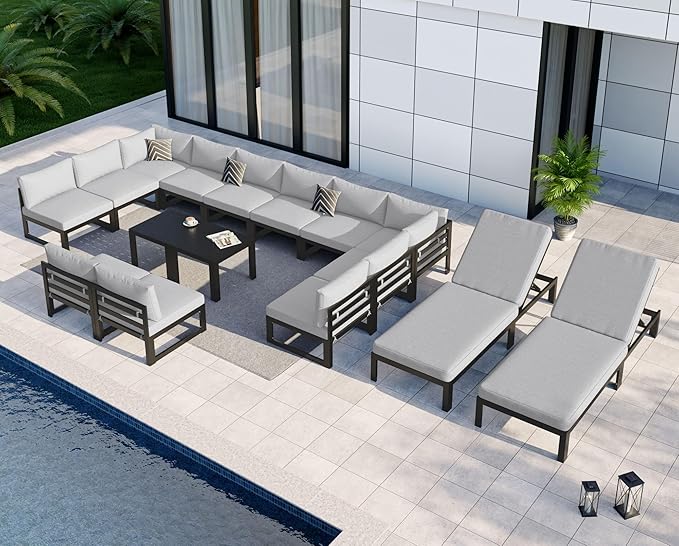 NICESOUL 14-Person Luxury Aluminum Outdoor Sectional Sofa Set with Chaise, 500lbs Heavy Duty Modular Patio Furniture, 29" Wide Deep Seating All-Weather Conversation Set for Poolside, Light Gray