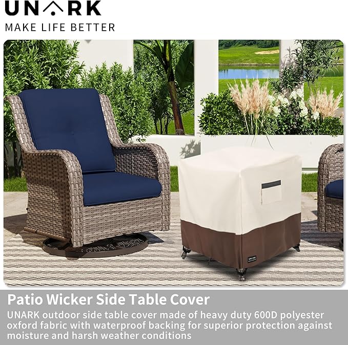 Patio Wicker Side Table Cover, Suitable for 3-Piece Outdoor Wicker Patio Bistro Set Side Table, Waterproof Square Patio Small Side Table Cover 22 W x 22 D x 18 H inches Beige and Brown