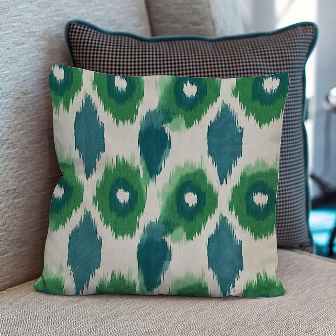Green and Aqua Bukhara Ikat Pillowcase Peacock Strip Print Throw Pillow Cover Classic Modern Decorative Pillow Covers for Patio Furniture Garden 26x26 in