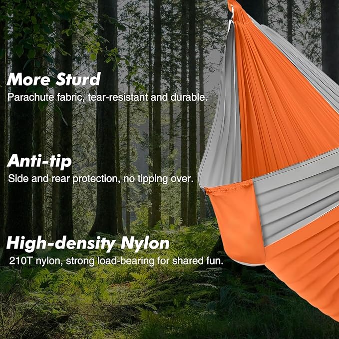 PeakPursuit Camping Double Hammock, Portable Hammock with Tree Straps, Tree Hammocks, Perfect for Outside Indoor Hiking Beach Backpack Travel, Orange