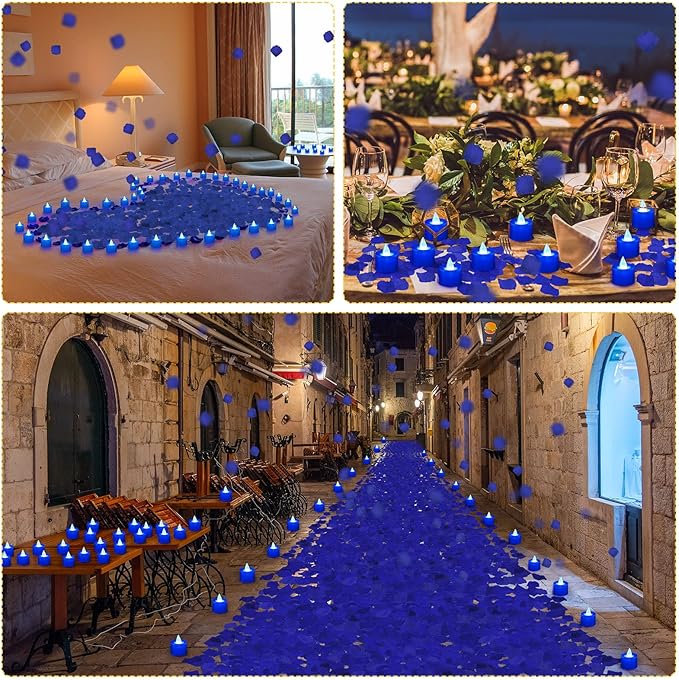 Coume 6000 Pcs Artificial Rose Petals with 72 Pcs Flameless LED Candles Romantic Decorations Fake Candles Anniversary Decorations for Valentine's Day Wedding Night(Blue)