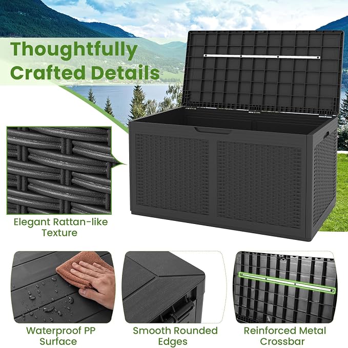 Giantex 100 Gallon Resin Outdoor Storage Box, Waterproof Deck Box w/Lockable Lid & Wheels, Rattan Storage Container Bench for Patio Cushions, Pool Accessories, Gardening Tools, 440 lbs (Grey)