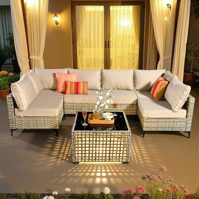 7 Pieces Patio Sectional Furniture Set, Outdoor Wicker Sectional Couch with Solar Lights Table, Modern Conversation Set for Porch Balcony Backyard, Beige
