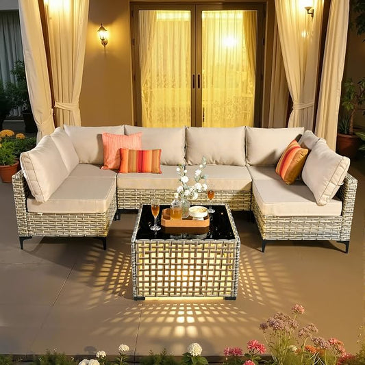 7 Pieces Patio Sectional Furniture Set, Outdoor Wicker Sectional Couch with Solar Lights Table, Modern Conversation Set for Porch Balcony Backyard, Beige