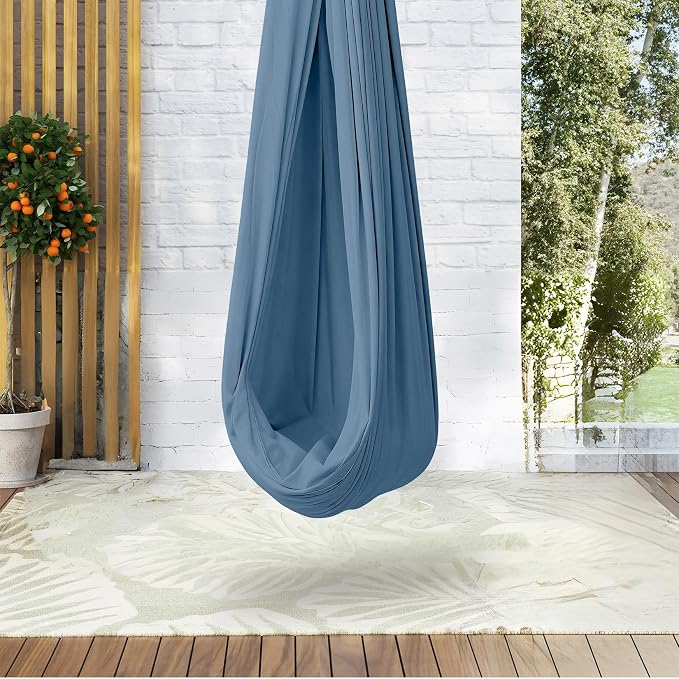 PrecisionAuto Dual-Layer Cotton Sensory Hammock Swing for Kids & Adults – Calming Deep Pressure, 360° Swivel, Adjustable Height, Indoor Outdoor, Heavy Duty, Autism & ADHD Relief, Haze Blue