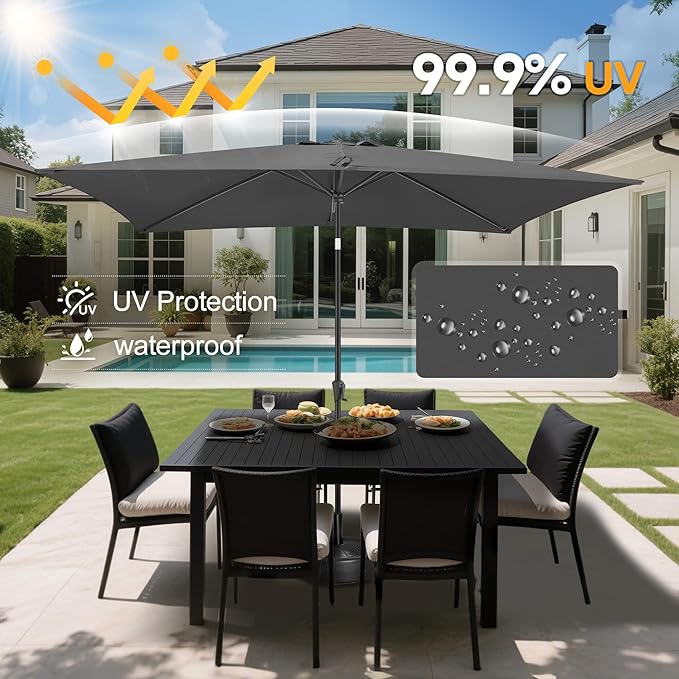 6.5 x 10 FT Rectangular Patio Umbrella - Rectangle Umbrella Outdoor with Tilt and Crank, UV Protection, Table Umbrella for Deck, Backyard, Pool and Beach, Anthracite