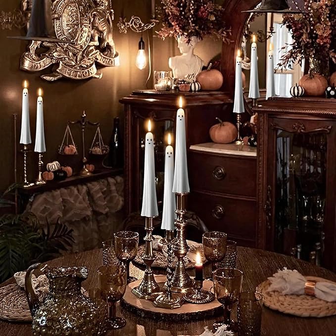 Halloween Ghost Flameless Taper Candles Battery Operated with Remote and Timer Real Wax 3D Wick Flickering White LED Taper Candlesticks Spooky Halloween Indoor Decor(2 Pack, 0.79"D x 9.5"H)