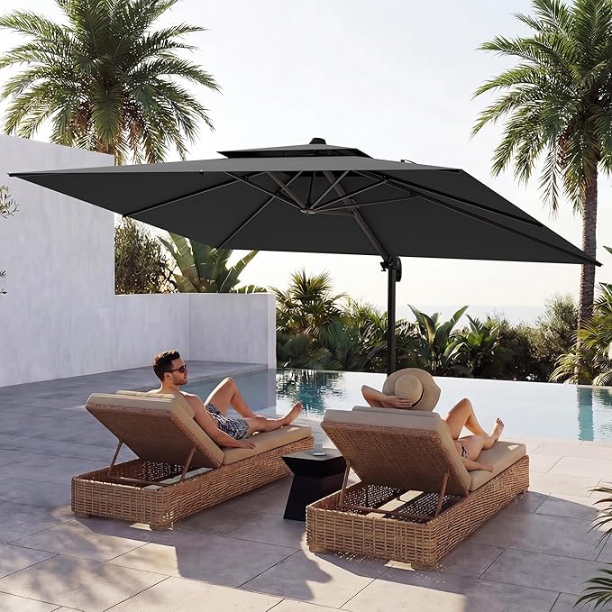 10x13 FT Patio Cantilever Umbrella (Base Not Included) (Base Not Included), Rectangular Heavy Duty Offset Umbrella for 8-10 People, 360°Rotation & Mult Tilt, Double Top Design, for Pool Garden Deck (Grey)