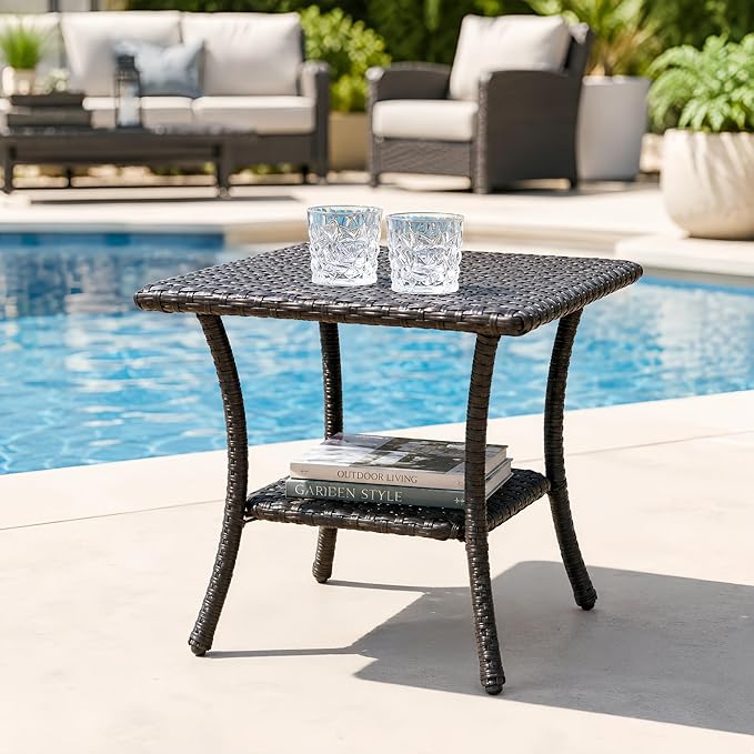 HUMMUH Brown Wicker Patio Side Table with 2-Tier Storage Shelf | Aluminum frame, weather-resistant PE rattan, 23.5x23.5x21.5 inches, includes assembly accessories