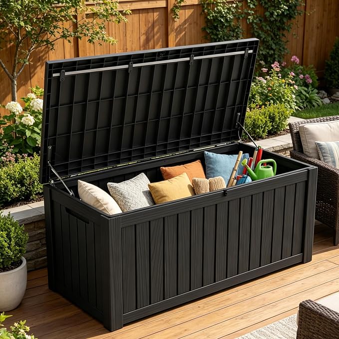LAUSAINT HOME 150 Gallon Resin Deck Box with Hydraulic Pistons, Extra Large Waterproof Outdoor Storage Bench for Large Cushions, Heavy Duty Seating, Lockable Patio Bin for Pool and Garden (Black)