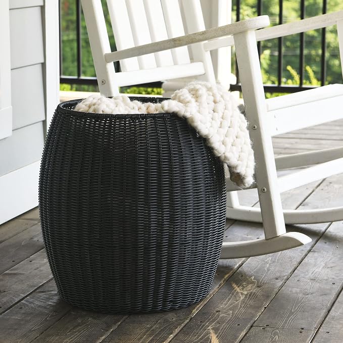Household Essentials Round Handwoven Resin Barrel Side Table, Black Finish