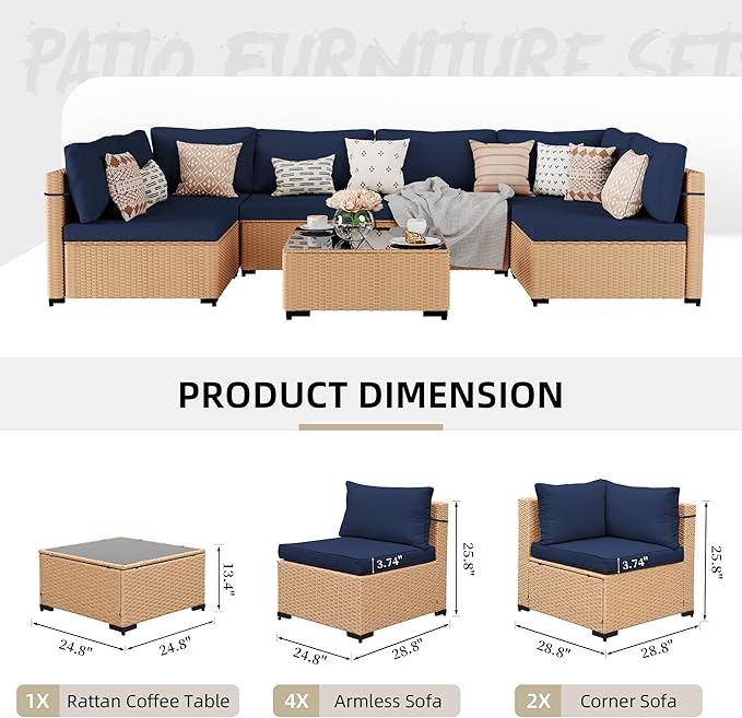 UPHA 7 Pieces Patio Furniture Sets, Wicker Outdoor Sectional Sofa Couch with Coffee Table, Patio Conversation Set for Deck Backyard Garden, Beige Rattan, Navy Blue Cushion