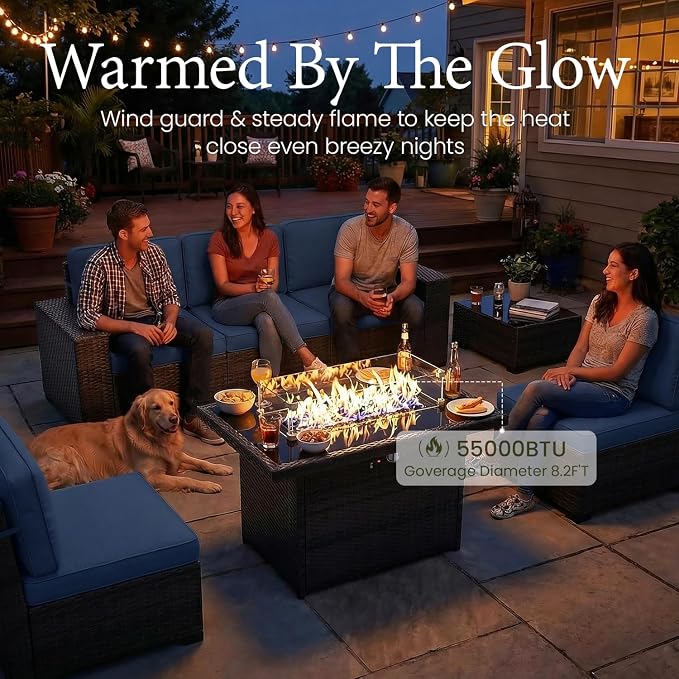 LayinSun 7 Pieces Outdoor Patio Furniture Set with 44" Fire Pit Table Brown Rattan Sectional Sofa Conversation Sets