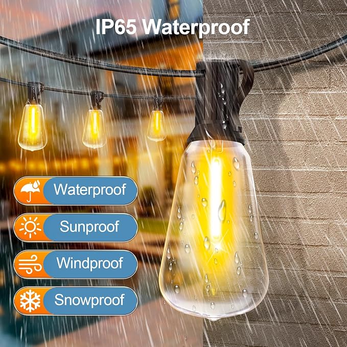 MGVIH Outdoor String Led Patio Lights - 50Ft 15M Outside Waterproof Light ST38 Shatterproof Bulb Connectable Hanging Outdoor Electric Lighting for Backyard Yard Gazebo Porch Party