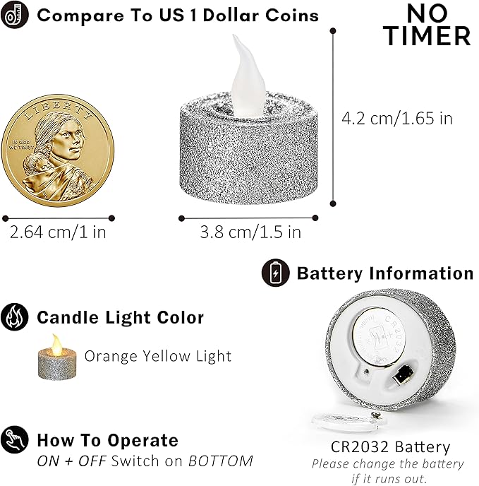 FURORA LIGHTING Silver Glitter LED Tealight Candles Pack of 12, Flameless Flickering Tealight Candles for Home Décor, 1.5’’(W) x 1.65’’(H), Battery Operated
