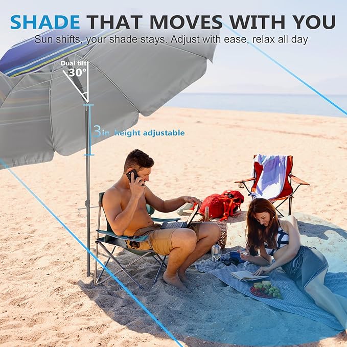 wikiwiki 7ft Beach Umbrella with Sand Anchor & Tilt, UPF 50+ Protection Beach Umbrellas for Sand, with Carry Bag and Hook, for Patio Garden Pool, Dark Blue Stripes