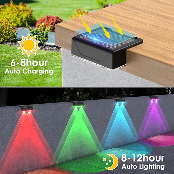 Derynome Solar Fence Lights Outdoor, RGB & Warm White & 6 Colors Dusk to Dawn IP45 Waterproof Solar Garden Lights for Outside, Step, Yard, Step, Patio & Wall (Color Change+7 Color, 8 Pack)