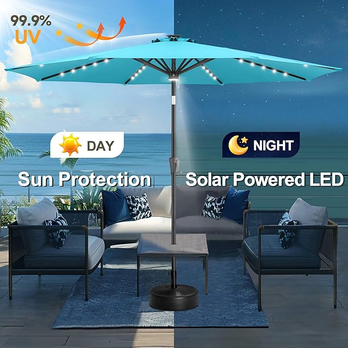 FLAME&SHADE 11 FT Solar Light Patio Umbrella, 40 LED lights outdoor umbrella with Centre Surround Light, Table Market Umbrella for Deck, Pool, Porch, Backyard, Garden, UV Protection, Aqua Blue