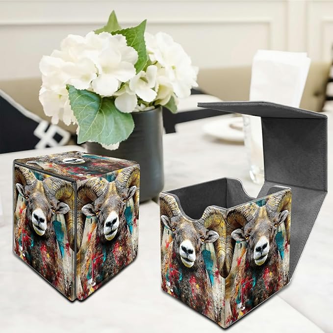 Brown Bighorn Sheep Card Deck Box for MTG, Personalized Card Storage Case Fits 120+ Sleeved Cards, Premium Leather TCG Box with Strong Magnetic Closure for Magic, CCG, PTCG, Baseball Cards