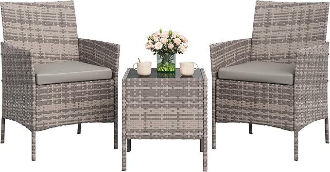 3-Piece Outdoor Furniture Set, PE Rattan Wicker Chairs with Soft Cushions & Tempered Glass Coffee Table - All-Weather Patio Set for Garden, Backyard, Porch, Poolside (Gray/Light Gray)