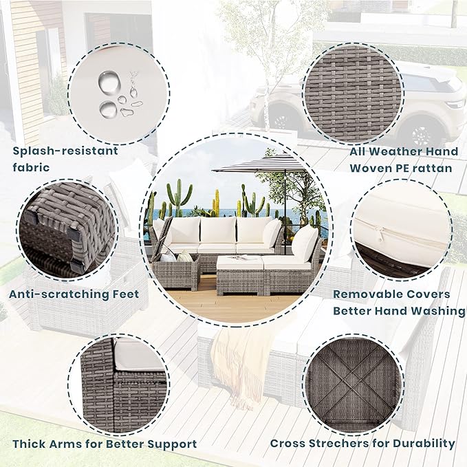 LUMISOL Outdoor Patio Furniture Set, 6 Pieces Sectional Rattan Sofa Set, PE Rattan Wicker Patio Conversation Set with Table and 0ttoman for Lawn, Garden, Backyard (Beige)