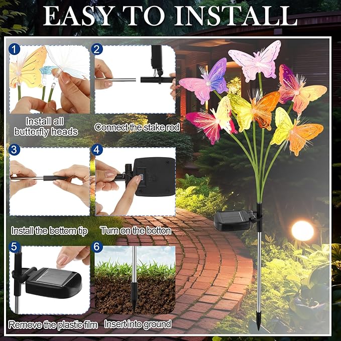 4 Pack Solar Butterfly Lights Outdoor Garden, 6 Head Solar Swaying Pathway Stake Lights Waterproof for Yard Lawn Patio Walkway Landscape Decor
