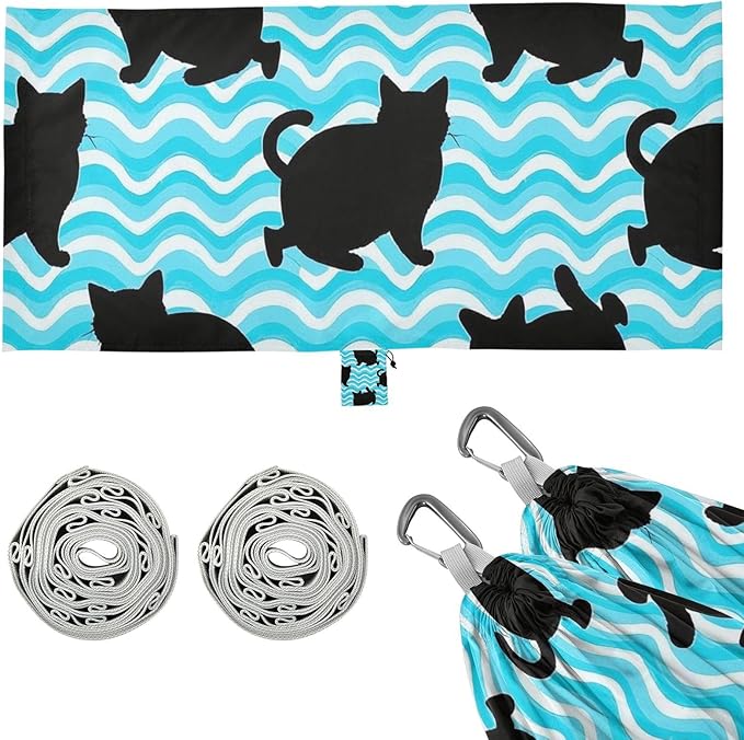 Wave Pattern Cartoon Cat Black 330lb Capacity Outdoor Hammock with Hanging Rope Hanging Hammock for Outside Beach Patio Garden para ir de Camping