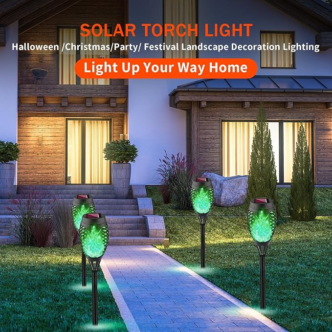 Swingers Solar Lights Outdoor,Halloween Solar Torch Lights with Flickering Flame,Waterproof Outdoor Garden Lights for Outside Patio Pathway Yard Decorations(12, Green)