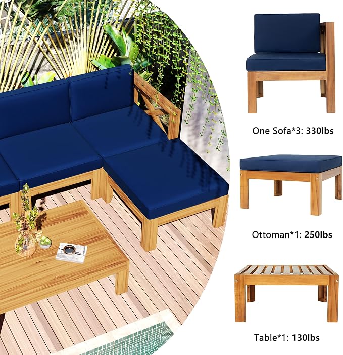 5-Piece Outdoor Backyard Patio Set, Acacia Wood Sectional Sofa Seating Group Set with Tea Table and Cushions, Conversation Furniture Set for Garden Backyard Poolside (Natural Finish+ Blue Cushions 2)