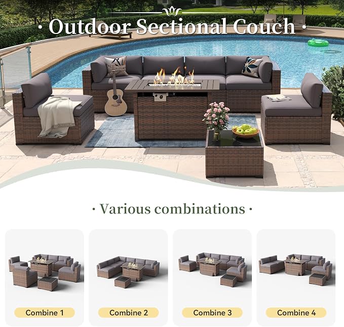 Aoxun 8 Piece Patio Furniture Set with 44” Fire Pit Table Wicker Rattan Outdoor Sectional Sofa Set with Coffee Table and Thickened Cushions, Gray