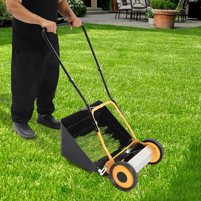 14 inch Push Reel Lawn Mower with Grass Catcher Orange Black Lawn Sweeper with Collection Box Adjustable Height Manual Push Lawn Mower 5-Blade Lawnmower for Gardens Lawns (14" Orange Black)