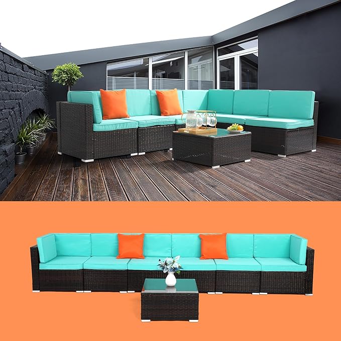 7 Pieces Large Wicker Patio Furniture Set, Rattan Outdoor Sectional Sofa Set, Patio Conversation Set for Garden, Sectional Outdoor Furniture, Outdoor Sofa,Sectional Couch with Coffee Table