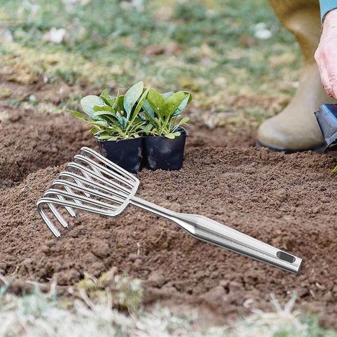 Hand Rake Stainless Steel Heavy Duty Garden Rake Weeding Tool Ergonomic Claw Rake Soil Tiller Portable Planting Rake Suitable for Flower Beds Yard Wor , 7 Tine