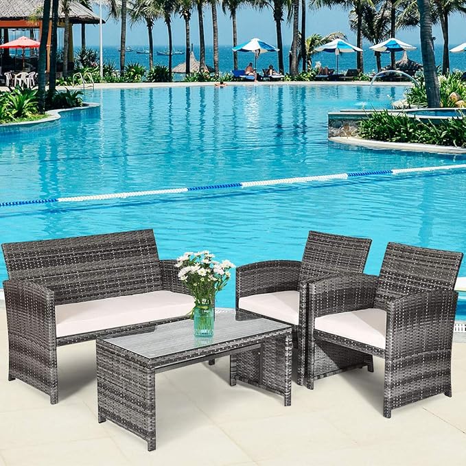 COSTWAY Patio Furniture Set 8 Pieces, Outdoor Wicker Chairs Sofa w/Coffee Table and Soft Cushions, Rattan Conversation Sets for Patio Lawn Backyard Yard Pool Garden, White