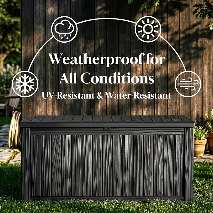 ROJIK 150 Gallon Outdoor Storage Box Waterproof,Weatherproof Deck Boxes Outdoor Lockable,Resin Outside Storage Box for Garden Tools,Cushions,Pool Accessories(Black,150 Gal)
